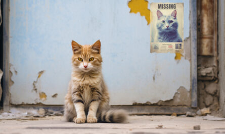 cat siting in front of an old wall with a missing cat poster in background