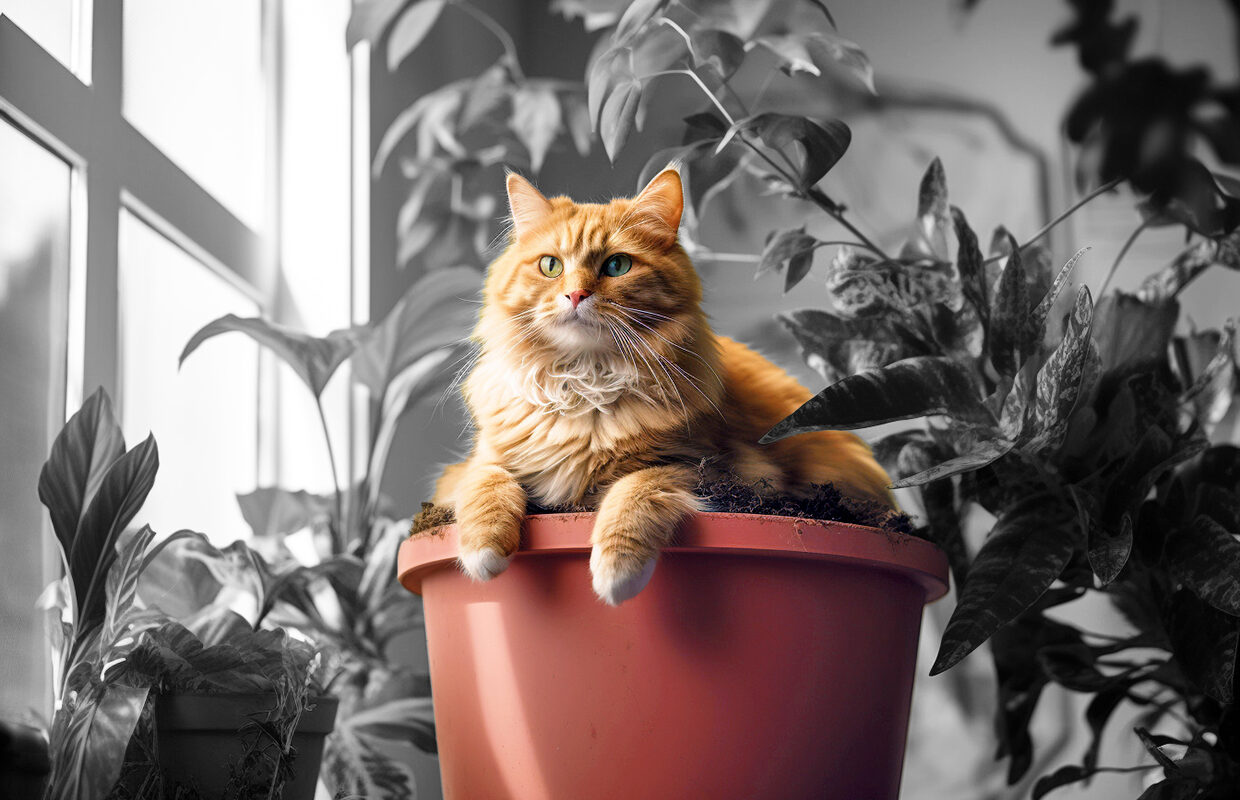 fluffy Ginger cat lying on the top of an indoor plant pot, surrounded by black and white plants