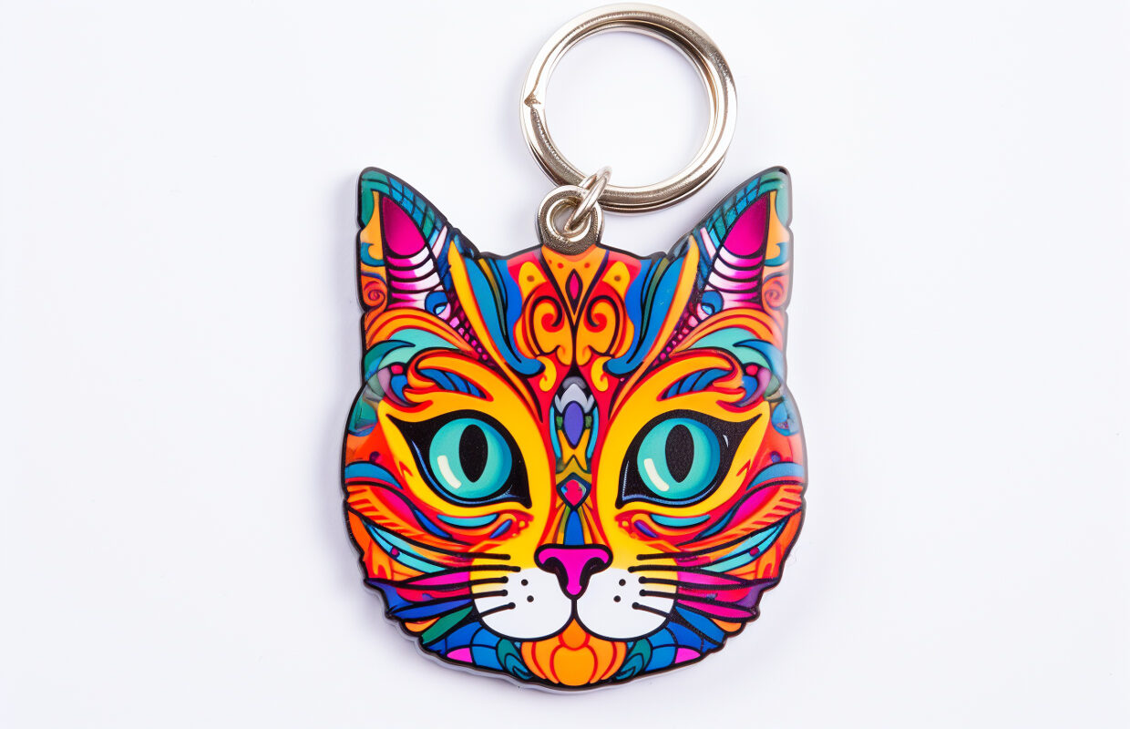 ai image of a multicoloured, vibrant cat's head keyring