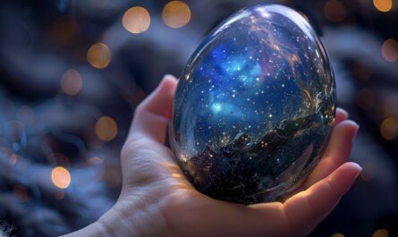 a large egg, with a shell that shimmers in hues of midnight blue and silver, as if the night sky had been captured within it, held in the warmth of a child's hand, colourful magical background