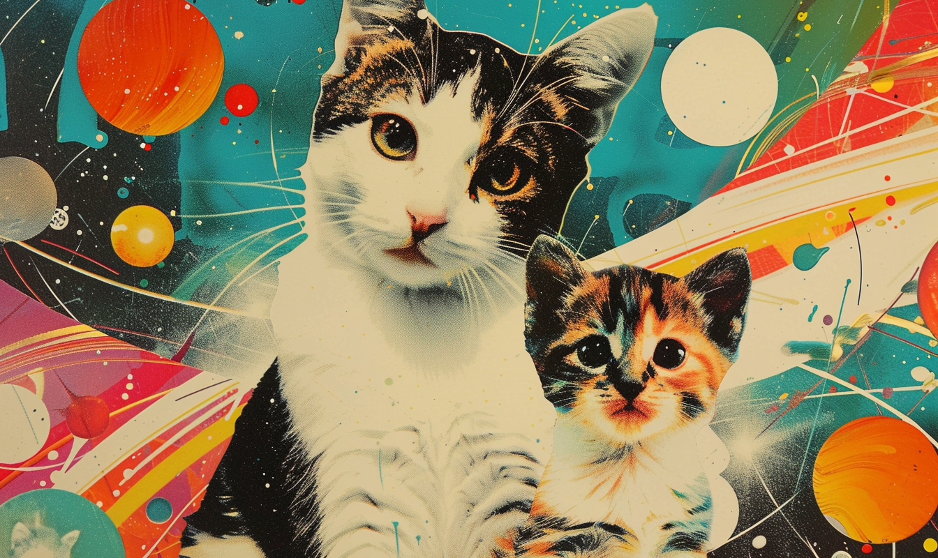 1980s_style_collage_with cat and kittenk